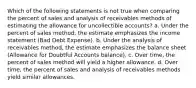 Which of the following statements is not true when comparing the percent of sales and analysis of receivables methods of estimating the allowance for uncollectible accounts? a. Under the percent of sales method, the estimate emphasizes the income statement (Bad Debt Expense). b. Under the analysis of receivables method, the estimate emphasizes the balance sheet (Allowance for Doubtful Accounts balance). c. Over time, the percent of sales method will yield a higher allowance. d. Over time, the percent of sales and analysis of receivables methods yield similar allowances.