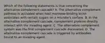 Which of the following statements is true concerning the alternative complement cascade? A. The alternative complement pathway is activated when host mannose-binding lectin associates with certain sugars on a microbe's surface. B. In the alternative complement cascade, complement proteins directly interact with the invading agent. C. The alternative complement system was the first complement cascade discovered. D. The alternative complement cascade is triggered by antibodies bound to an invading agent.