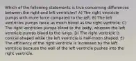 Which of the following statements is true concerning differences between the right and left ventricles? A) The right ventricle pumps with more force compared to the left. B) The left ventricles pumps twice as much blood as the right ventricle. C) The right ventricles pumps blood to the body, whereas the left ventricle pumps blood to the lungs. D) The right ventricle is conical-shaped while the left ventricle is half-moon shaped. E) The efficiency of the right ventricle is increased by the left ventricle because the wall of the left ventricle pushes into the right ventricle.