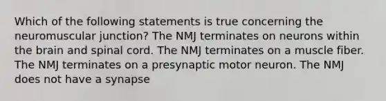 Which of the following statements is true concerning the neuromuscular junction? The NMJ terminates on neurons within the brain and spinal cord. The NMJ terminates on a muscle fiber. The NMJ terminates on a presynaptic motor neuron. The NMJ does not have a synapse