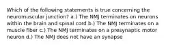 Which of the following statements is true concerning the neuromuscular junction? a.) The NMJ terminates on neurons within the brain and spinal cord b.) The NMJ terminates on a muscle fiber c.) The NMJ terminates on a presynaptic motor neuron d.) The NMJ does not have an synapse