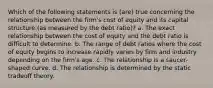 Which of the following statements is (are) true concerning the relationship between the firm's cost of equity and its capital structure (as measured by the debt ratio)? a. The exact relationship between the cost of equity and the debt ratio is difficult to determine. b. The range of debt ratios where the cost of equity begins to increase rapidly varies by firm and industry depending on the firm's age. c. The relationship is a saucer-shaped curve. d. The relationship is determined by the static tradeoff theory.