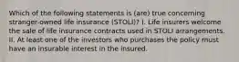 Which of the following statements is (are) true concerning stranger-owned life insurance (STOLI)? I. Life insurers welcome the sale of life insurance contracts used in STOLI arrangements. II. At least one of the investors who purchases the policy must have an insurable interest in the insured.