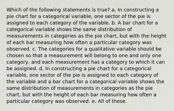 Which of the following statements is true? a. In constructing a <a href='https://www.questionai.com/knowledge/kDrHXijglR-pie-chart' class='anchor-knowledge'>pie chart</a> for a categorical variable, one sector of the pie is assigned to each category of the variable. b. A <a href='https://www.questionai.com/knowledge/kdDMLVsZUp-bar-chart' class='anchor-knowledge'>bar chart</a> for a categorical variable shows the same distribution of measurements in categories as the pie chart, but with the height of each bar measuring how often a particular category was observed. c. The categories for a qualitative variable should be chosen so that a measurement will belong to one and only one category, and each measurement has a category to which it can be assigned. d. In constructing a pie chart for a categorical variable, one sector of the pie is assigned to each category of the variable and a bar chart for a categorical variable shows the same distribution of measurements in categories as the pie chart, but with the height of each bar measuring how often a particular category was observed. e. All of these.