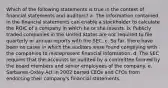 Which of the following statements is true in the context of financial statements and auditors? a. The information contained in the financial statements can enable a stockholder to calculate the ROIC of a company in which he or she invests. b. Publicly traded companies in the United States are not required to file quarterly or annual reports with the SEC. c. So far, there have been no cases in which the auditors were found complying with the companies to misrepresent financial information. d. The SEC requires that the accounts be audited by a committee formed by the board members and senior employees of the company. e. Sarbanes-Oxley Act in 2002 barred CEOs and CFOs from endorsing their company's financial statements.