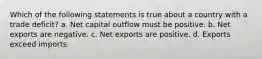 Which of the following statements is true about a country with a trade deficit? a. Net capital outflow must be positive. b. Net exports are negative. c. Net exports are positive. d. Exports exceed imports.