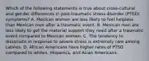 Which of the following statements is true about cross-cultural and gender differences in post-traumatic stress disorder (PTSD) symptoms? A. Mexican women are less likely to feel helpless than Mexican men after a traumatic event. B. Mexican men are less likely to get the material support they need after a traumatic event compared to Mexican women. C. The tendency to dissociate in response to severe stress is extremely rare among Latinos. D. African Americans have higher rates of PTSD compared to whites, Hispanics, and Asian Americans.