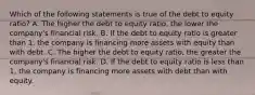 Which of the following statements is true of the debt to equity​ ratio? A. The higher the debt to equity​ ratio, the lower the​ company's financial risk. B. If the debt to equity ratio is greater than​ 1, the company is financing more assets with equity than with debt. C. The higher the debt to equity​ ratio, the greater the​ company's financial risk. D. If the debt to equity ratio is less than​ 1, the company is financing more assets with debt than with equity.