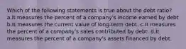 Which of the following statements is true about the debt ratio? a.It measures the percent of a company's income earned by debt b.It measures the current value of long-term debt. c.It measures the percent of a company's sales contributed by debt. d.It measures the percent of a company's assets financed by debt.