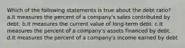 Which of the following statements is true about the debt ratio? a.It measures the percent of a company's sales contributed by debt. b.It measures the current value of long-term debt. c.It measures the percent of a company's assets financed by debt. d.It measures the percent of a company's income earned by debt