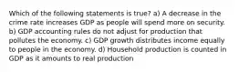 Which of the following statements is true? a) A decrease in the crime rate increases GDP as people will spend more on security. b) GDP accounting rules do not adjust for production that pollutes the economy. c) GDP growth distributes income equally to people in the economy. d) Household production is counted in GDP as it amounts to real production