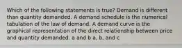 Which of the following statements is true? Demand is different than quantity demanded. A demand schedule is the numerical tabulation of the law of demand. A demand curve is the graphical representation of the direct relationship between price and quantity demanded. a and b a, b, and c