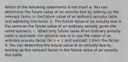 Which of the following statements is not true? a. You can determine the future value of an annuity due by looking up the relevant factor in the future value of an ordinary annuity table and adjusting the factor. b. The future value of an annuity due is the same as the future value of an ordinary annuity given the same scenario. c. When only future value of an ordinary annuity table is available, the general rule is to use the value of an ordinary annuity factor for n + 1 and subtract 1 from the factor. d. You can determine the future value of an annuity due by looking up the relevant factor in the future value of an annuity due table.