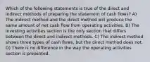 Which of the following statements is true of the direct and indirect methods of preparing the statement of cash flows? A) The indirect method and the direct method will produce the same amount of net cash flow from operating activities. B) The investing activities section is the only section that differs between the direct and indirect methods. C) The indirect method shows three types of cash flows, but the direct method does not. D) There is no difference in the way the operating activities section is presented.