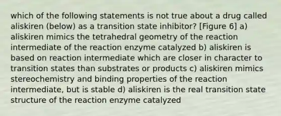 which of the following statements is not true about a drug called aliskiren (below) as a transition state inhibitor? [Figure 6] a) aliskiren mimics the tetrahedral geometry of the reaction intermediate of the reaction enzyme catalyzed b) aliskiren is based on reaction intermediate which are closer in character to transition states than substrates or products c) aliskiren mimics stereochemistry and binding properties of the reaction intermediate, but is stable d) aliskiren is the real transition state structure of the reaction enzyme catalyzed