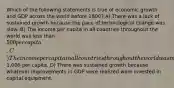 Which of the following statements is true of economic growth and GDP across the world before 1800? A) There was a lack of sustained growth because the pace of technological change was slow. B) The income per capita in all countries throughout the world was less than 500 per capita. C) The income per capita in all countries throughout the world was more than1,000 per capita. D) There was sustained growth because whatever improvements in GDP were realized were invested in capital equipment.