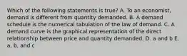 Which of the following statements is true? A. To an economist, demand is different from quantity demanded. B. A demand schedule is the numerical tabulation of the law of demand. C. A demand curve is the graphical representation of the direct relationship between price and quantity demanded. D. a and b E. a, b, and c