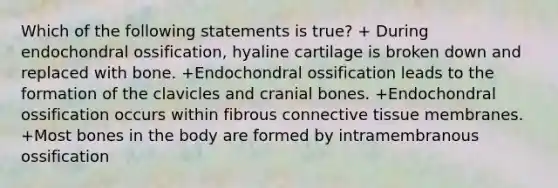 Which of the following statements is true? + During endochondral ossification, hyaline cartilage is broken down and replaced with bone. +Endochondral ossification leads to the formation of the clavicles and cranial bones. +Endochondral ossification occurs within fibrous connective tissue membranes. +Most bones in the body are formed by intramembranous ossification