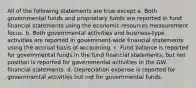 All of the following statements are true except a. Both governmental funds and proprietary funds are reported in fund financial statements using the economic resources measurement focus. b. Both governmental activities and business-type activities are reported in government-wide financial statements using the accrual basis of accounting. c. Fund balance is reported for governmental funds in the fund financial statements, but net position is reported for governmental activities in the GW financial statements. d. Depreciation expense is reported for governmental activities but not for governmental funds.