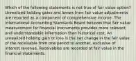 Which of the following statements is not true of fair value option? Unrealized holding gains and losses from fair value adjustments are reported as a component of comprehensive income. The International Accounting Standards Board believes that fair value measurement for financial instruments provides more relevant and understandable information than historical cost. An unrealized holding gain or loss is the net change in the fair value of the receivable from one period to another, exclusive of interest revenue. Receivables are recorded at fair value in the financial statements.