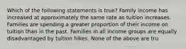 Which of the following statements is true? Family income has increased at approximately the same rate as tuition increases. Families are spending a greater proportion of their income on tuition than in the past. Families in all income groups are equally disadvantaged by tuition hikes. None of the above are tru