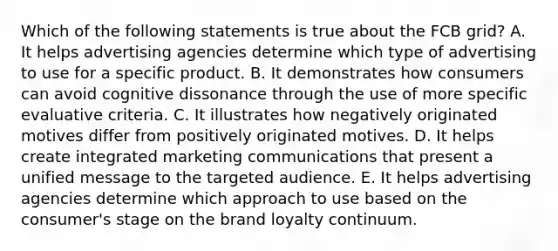 Which of the following statements is true about the FCB grid? A. It helps advertising agencies determine which type of advertising to use for a specific product. B. It demonstrates how consumers can avoid cognitive dissonance through the use of more specific evaluative criteria. C. It illustrates how negatively originated motives differ from positively originated motives. D. It helps create integrated marketing communications that present a unified message to the targeted audience. E. It helps advertising agencies determine which approach to use based on the consumer's stage on the brand loyalty continuum.