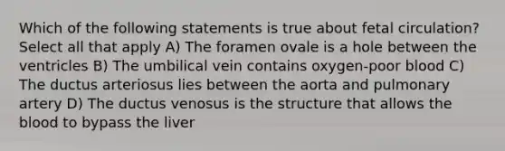 Which of the following statements is true about fetal circulation? Select all that apply A) The foramen ovale is a hole between the ventricles B) The umbilical vein contains oxygen-poor blood C) The ductus arteriosus lies between the aorta and pulmonary artery D) The ductus venosus is the structure that allows the blood to bypass the liver