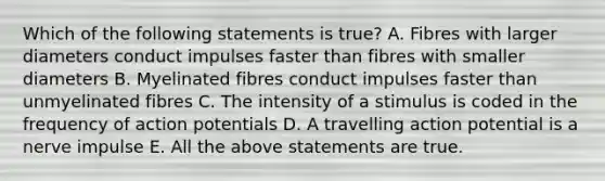 Which of the following statements is true? A. Fibres with larger diameters conduct impulses faster than fibres with smaller diameters B. Myelinated fibres conduct impulses faster than unmyelinated fibres C. The intensity of a stimulus is coded in the frequency of action potentials D. A travelling action potential is a nerve impulse E. All the above statements are true.