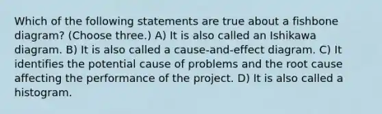 Which of the following statements are true about a fishbone diagram? (Choose three.) A) It is also called an Ishikawa diagram. B) It is also called a cause-and-effect diagram. C) It identifies the potential cause of problems and the root cause affecting the performance of the project. D) It is also called a histogram.