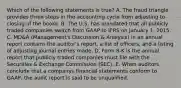 Which of the following statements is true? A. The fraud triangle provides three steps in the accounting cycle from adjusting to closing of the books. B. The U.S. has mandated that all publicly traded companies switch from GAAP to IFRS on January 1, 2015. C. MD&A (Management's Discussion & Analysis) in an annual report contains the auditor's report, a list of officers, and a listing of adjusting journal entries made. D. Form 8-K is the annual report that publicly traded companies must file with the Securities & Exchange Commission (SEC). E. When auditors conclude that a companys financial statements conform to GAAP, the audit report is said to be unqualified.