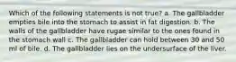 Which of the following statements is not true? a. The gallbladder empties bile into the stomach to assist in fat digestion. b. The walls of the gallbladder have rugae similar to the ones found in the stomach wall c. The gallbladder can hold between 30 and 50 ml of bile. d. The gallbladder lies on the undersurface of the liver.