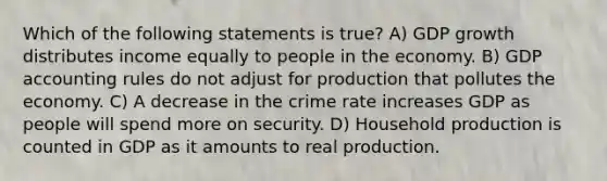 Which of the following statements is true? A) GDP growth distributes income equally to people in the economy. B) GDP accounting rules do not adjust for production that pollutes the economy. C) A decrease in the crime rate increases GDP as people will spend more on security. D) Household production is counted in GDP as it amounts to real production.