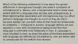 Which of the following statements is true about the gender differences in disorganized thought and speech symptoms of schizophrenia? a. Women with schizophrenia tend to show more severe deficits in language than do men with schizophrenia. b. Brain abnormalities associated with schizophrenia may not affect women's language and thought as much as they do men's because women can use both sides of their brain to compensate for problems. c. Compared to women, language deficits are less apparent in men with schizophrenia owing to the fact that language is controlled more bilaterally in men. d. Language is more localized in men, so when the areas of the brain associated with language are affected by schizophrenia, men are better able to compensate for the deficits than women.