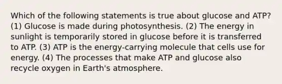 Which of the following statements is true about glucose and ATP? (1) Glucose is made during photosynthesis. (2) The energy in sunlight is temporarily stored in glucose before it is transferred to ATP. (3) ATP is the energy-carrying molecule that cells use for energy. (4) The processes that make ATP and glucose also recycle oxygen in <a href='https://www.questionai.com/knowledge/kRonPjS5DU-earths-atmosphere' class='anchor-knowledge'>earth's atmosphere</a>.