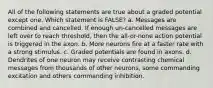 All of the following statements are true about a graded potential except one. Which statement is FALSE? a. Messages are combined and cancelled. If enough un-cancelled messages are left over to reach threshold, then the all-or-none action potential is triggered in the axon. b. More neurons fire at a faster rate with a strong stimulus. c. Graded potentials are found in axons. d. Dendrites of one neuron may receive contrasting chemical messages from thousands of other neurons, some commanding excitation and others commanding inhibition.