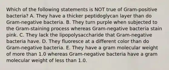 Which of the following statements is NOT true of Gram-positive bacteria? A. They have a thicker peptidoglycan layer than do Gram-negative bacteria. B. They turn purple when subjected to the Gram-staining process whereas Gram-negative bacteria stain pink. C. They lack the lipopolysaccharide that Gram-negative bacteria have. D. They fluoresce at a different color than do Gram-negative bacteria. E. They have a gram molecular weight of more than 1.0 whereas Gram-negative bacteria have a gram molecular weight of less than 1.0.