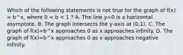 Which of the following statements is not true for the graph of f(x) = b^x, where 0 < b < 1 ? A. The line y=0 is a horizontal asymptote. B. The graph intersects the​ y-axis at​ (0,1). C. The graph of f(x)=b^x approaches 0 as x approaches infinity. D. The graph of f(x)=b^x approaches 0 as x approaches negative infinity.