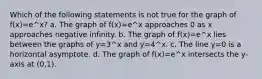 Which of the following statements is not true for the graph of f(x)=e^x? a. The graph of f(x)=e^x approaches 0 as x approaches negative infinity. b. The graph of f(x)=e^x lies between the graphs of y=3^x and y=4^x. c. The line y=0 is a horizontal asymptote. d. The graph of f(x)=e^x intersects the y-axis at (0,1).