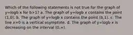 Which of the following statements is not true for the graph of y=logb x for b>1? a. The graph of y=logb x contains the point (1,0). b. The graph of y=logb x contains the point (b,1). c. The line x=0 is a vertical asymptote. d. The graph of y=logb x is decreasing on the interval (0,∞).