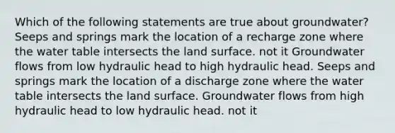 Which of the following statements are true about groundwater? Seeps and springs mark the location of a recharge zone where the water table intersects the land surface. not it Groundwater flows from low hydraulic head to high hydraulic head. Seeps and springs mark the location of a discharge zone where the water table intersects the land surface. Groundwater flows from high hydraulic head to low hydraulic head. not it