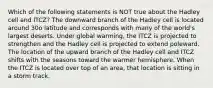 Which of the following statements is NOT true about the Hadley cell and ITCZ? The downward branch of the Hadley cell is located around 30o latitude and corresponds with many of the world's largest deserts. Under global warming, the ITCZ is projected to strengthen and the Hadley cell is projected to extend poleward. The location of the upward branch of the Hadley cell and ITCZ shifts with the seasons toward the warmer hemisphere. When the ITCZ is located over top of an area, that location is sitting in a storm track.