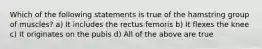 Which of the following statements is true of the hamstring group of muscles? a) It includes the rectus femoris b) It flexes the knee c) It originates on the pubis d) All of the above are true