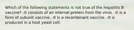 Which of the following statements is not true of the hepatitis B vaccine? -It consists of an internal protein from the virus. -It is a form of subunit vaccine. -It is a recombinant vaccine. -It is produced in a host yeast cell.