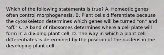 Which of the following statements is true? A. Homeotic genes often control morphogenesis. B. Plant cells differentiate because the cytoskeleton determines which genes will be turned "on" and "off." C. A band of ribosomes determines where a cell plate will form in a dividing plant cell. D. The way in which a plant cell differentiates is determined by the position of the nucleus in the developing plant cell.