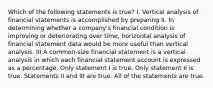 Which of the following statements is true? I. Vertical analysis of financial statements is accomplished by preparing II. In determining whether a company's financial condition is improving or deteriorating over time, horizontal analysis of financial statement data would be more useful than vertical analysis. III.A common-size financial statement is a vertical analysis in which each financial statement account is expressed as a percentage. Only statement I is true. Only statement II is true. Statements II and III are true. All of the statements are true.