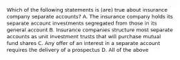 Which of the following statements is (are) true about insurance company separate accounts? A. The insurance company holds its separate account investments segregated from those in its general account B. Insurance companies structure most separate accounts as unit investment trusts that will purchase mutual fund shares C. Any offer of an interest in a separate account requires the delivery of a prospectus D. All of the above