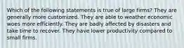 Which of the following statements is true of large firms? They are generally more customized. They are able to weather economic woes more efficiently. They are badly affected by disasters and take time to recover. They have lower productivity compared to small firms.
