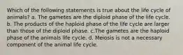 Which of the following statements is true about the life cycle of animals? a. The gametes are the diploid phase of the life cycle. b. The products of the haploid phase of the life cycle are larger than those of the diploid phase. c.The gametes are the haploid phase of the animals life cycle. d. Meiosis is not a necessary component of the animal life cycle.