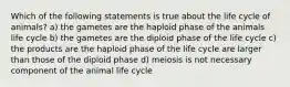 Which of the following statements is true about the life cycle of animals? a) the gametes are the haploid phase of the animals life cycle b) the gametes are the diploid phase of the life cycle c) the products are the haploid phase of the life cycle are larger than those of the diploid phase d) meiosis is not necessary component of the animal life cycle