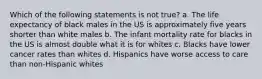 Which of the following statements is not true? a. The life expectancy of black males in the US is approximately five years shorter than white males b. The infant mortality rate for blacks in the US is almost double what it is for whites c. Blacks have lower cancer rates than whites d. Hispanics have worse access to care than non-Hispanic whites